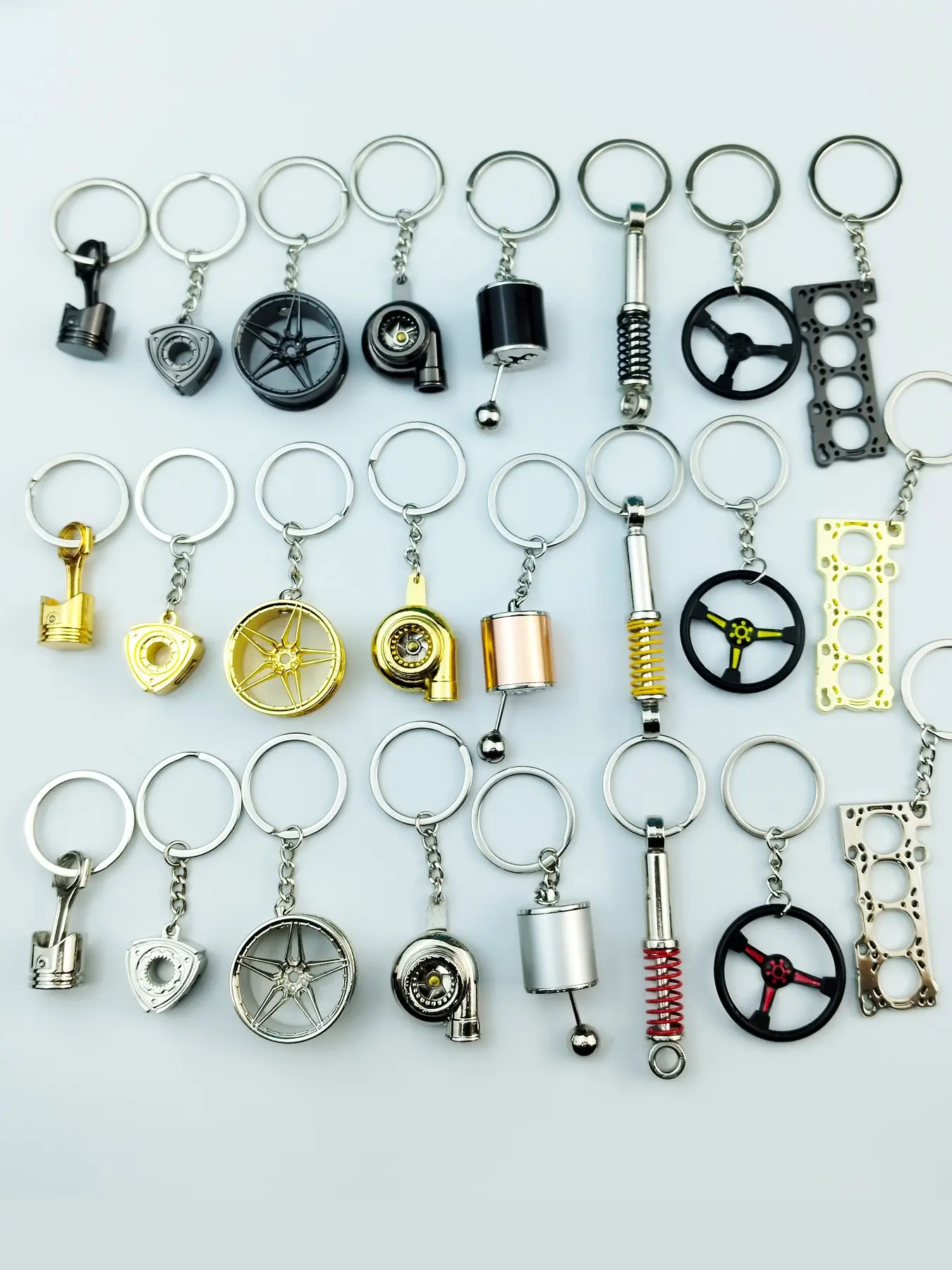 8pcs Creative Car Modification Keychains, Piston, Gear Shift, Wheel HUB, Turbo, Rotor, Shock Absorber, Engine Gasket, Steering Wheel Keychain