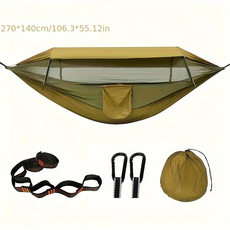 [Camping Travel Hammock] Anti-Mosquito Sunshade Hammock With Built-In Mosquito Net, Memory Steel Automatic Pop-Up Design For Easy Setup, Lightweight Nylon Material Fits In Backpacks, 440LB Capacity Suitable For Solo Or Dual Use Camping And Travel