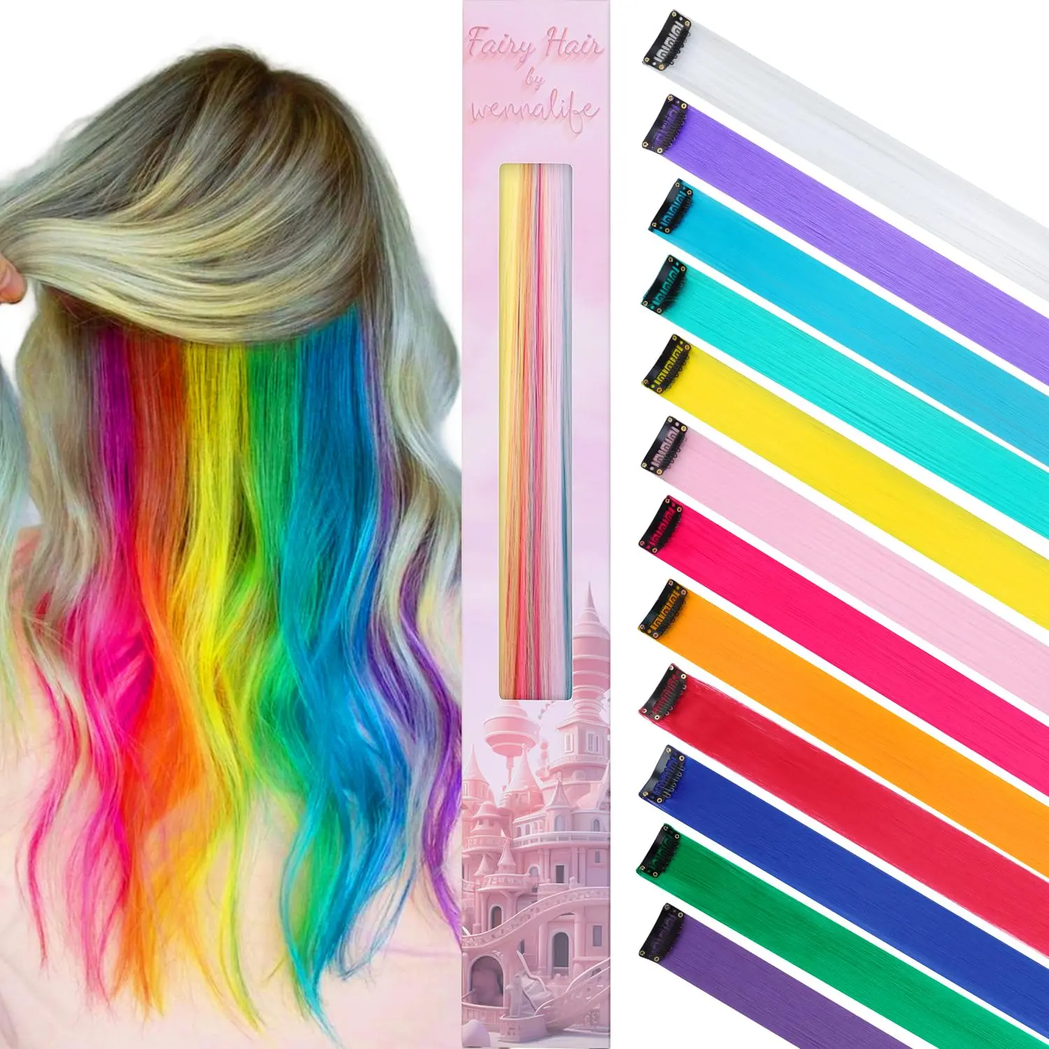 12 PCS Rainbow Hair Extensions Clip in, Colored Clip in Hair Extensions for Kids Highlights Rainbow Hair Clips for Girls Synthetic Straight Pop-up Style Colorful Girls Hair Accessories