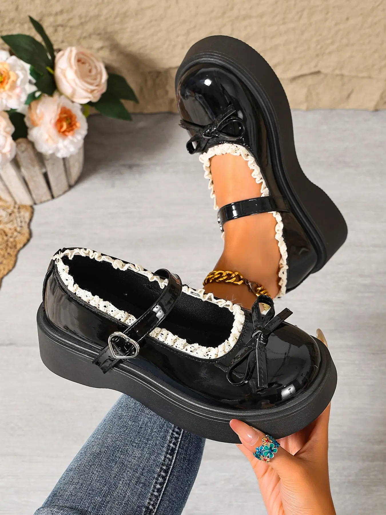 Japanese Style Lace Trim Bow Mary Jane Shoes for Women, Heart Buckle Thick Sole Platform Shoes, Sweet Cool Jk One Strap Leather Shoes Platform Mary Janes