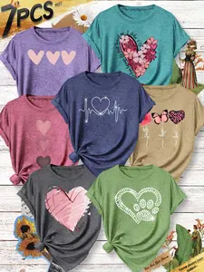 7Pcs Women Crew Neck T-shirt, ECG Heart Gradient Oil Painting Floral Daisy Butterfly Faith Minimal Heart Set Print, Loose Washable Women Summer Casual Outfit