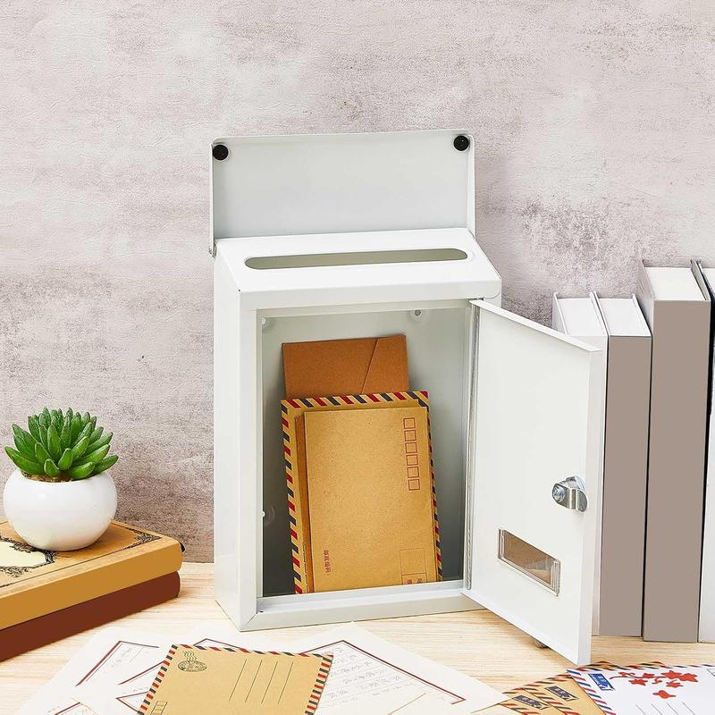 Weatherproof Mail Boxes with Key Lock,  Locking Wall Mount Metal Mailbox with Slot for Outside, Large Capacity for Mail, Packages, Donations, Voting 11.8" H x 8.3" L x 2.8" W, White