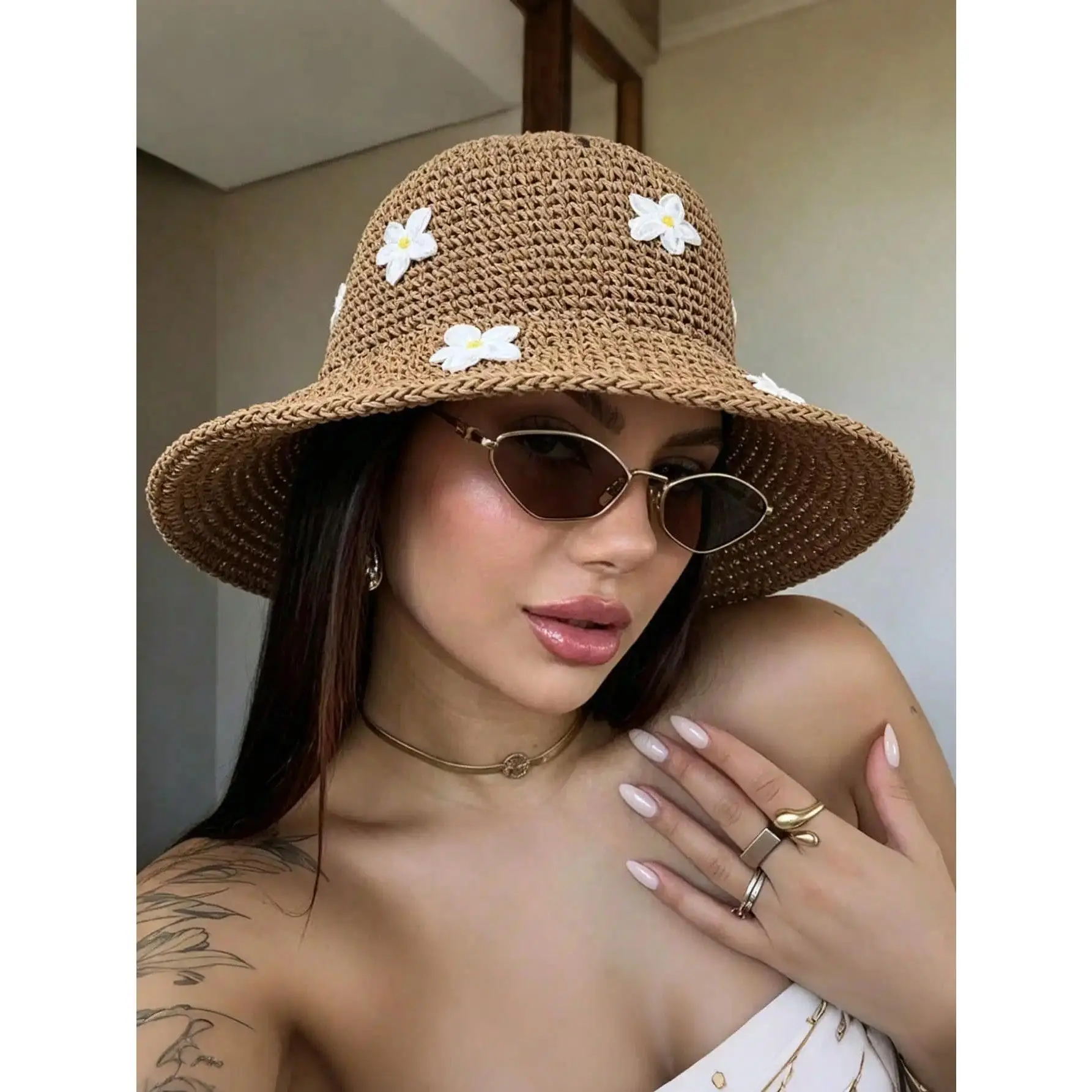 Women's Embroidered Sunflower Hollow Straw Hat Bohemian Style Handmade Crochet Straw Hat Suitable For Vacation Beach Look