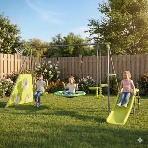 Green and Blue Interesting Six Function Swingset with Net Swing Metal Plastic Safe Swing Set 440lbs for Outdoor Playground for Age 3+ with 31.5in Net Swing