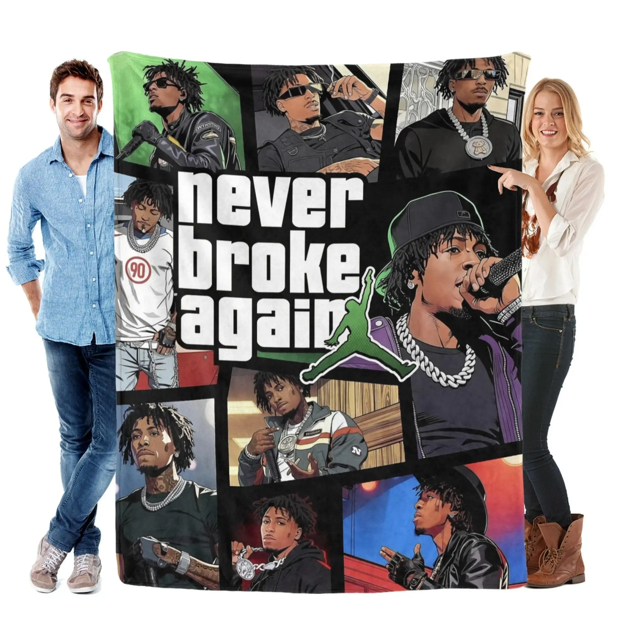Never Broke Again YoungBoy Collage & Logo Hip-Hop Flannel Blanket - Ultra-Soft, Cozy, Adult, All Seasons, Ideal for Rap Fans, Bedroom Decor, Gifting