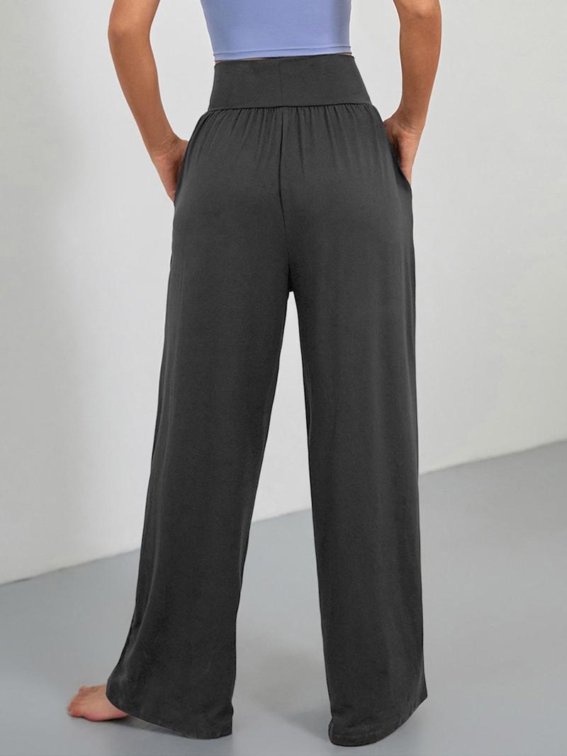 Women's Plain Pocket High Waist Joggers, Casual Comfy Wide Leg Trousers For Outdoor Sports, Airport Outfit，Women's Sport & Outdoor Lounge Outfit Clothing For All Seasons, Wide Leg Sweatpants