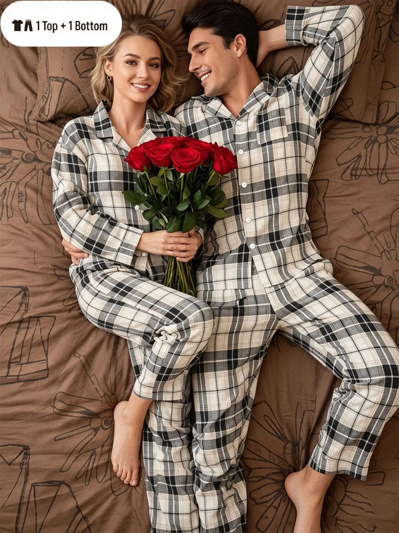 Couple Plaid Pajama Set, Long Sleeve Notch Collar Button Sleepwear Top + Loose Long Pants, Soft Breathable Check Loungewear, Matching Family Nightwear, Casual Indoor Home Outfit for Fall Winter Daily Rest.