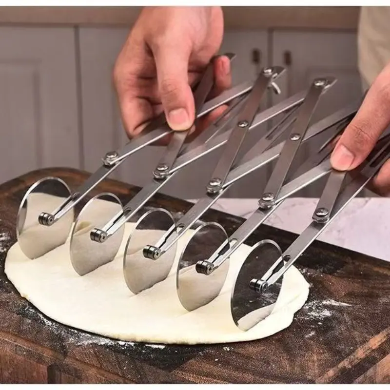 Retractable Stainless Steel Multi-Wheel Pizza Cutter 5 Wheels Expandable Dough Slicer Commercial Pastry Roller Cutter Home Baking Tools