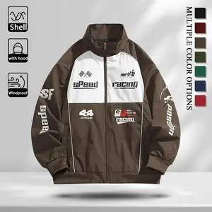 Wind Resistant Light Shell Men Casual Stand Collar Jacket, Fashion Racing Letter & Flag Pattern Zip Front Outer Jacket with Ribbed Cuffs and Hem, Comfort Loose Windproof Daily Street Jacket for All Seasons Commute Camping Jogging Casual Daily Life, Divers