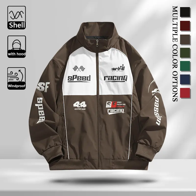 Wind Resistant Light Shell Men Casual Stand Collar Jacket, Fashion Racing Letter & Flag Pattern Zip Front Outer Jacket with Ribbed Cuffs and Hem, Comfort Loose Windproof Daily Street Jacket for All Seasons Commute Camping Jogging Casual Daily Life, Divers