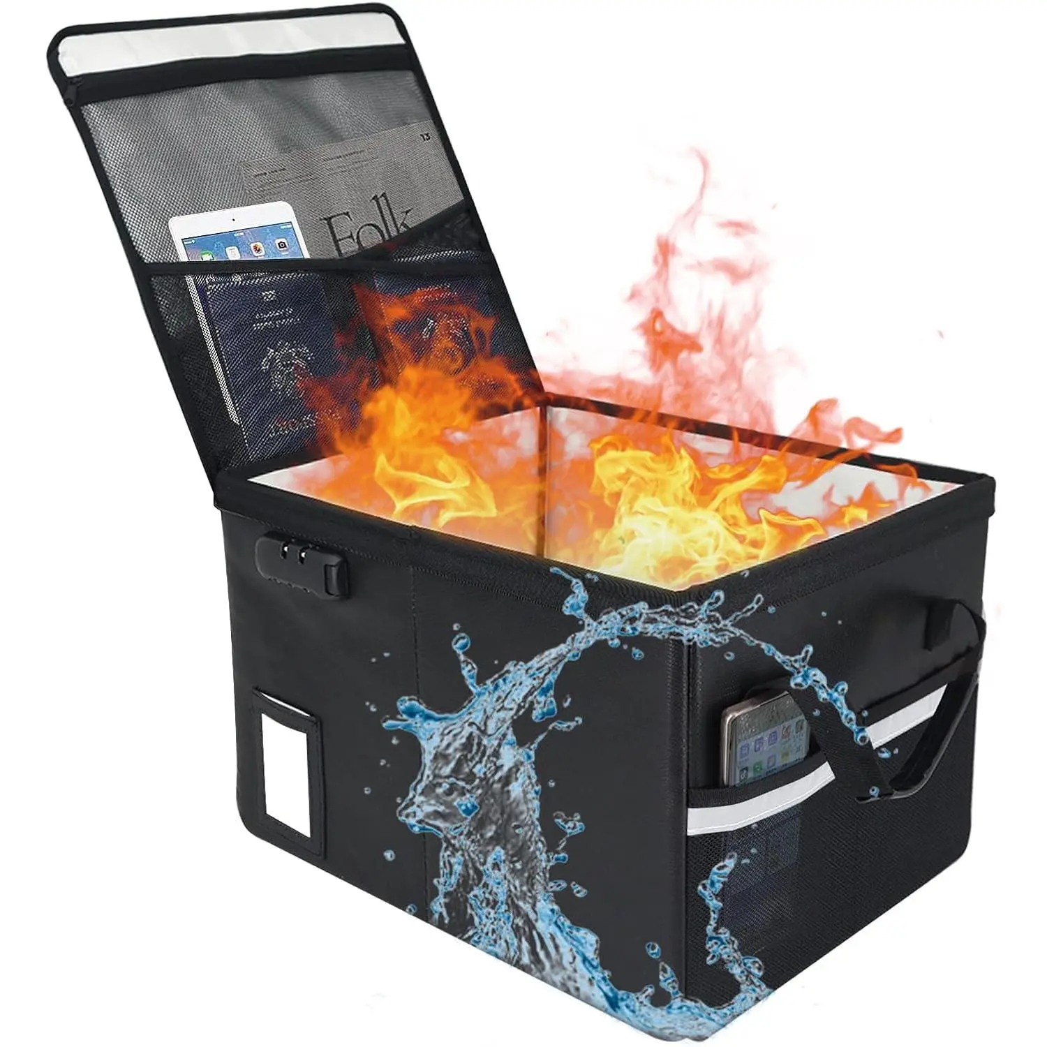 File Box with Lock 5200°F with Heat Insulated, Large Fireproof Box File Storage Organizer Anti-Static,Collapsible Fireproof Document Filing Box with Handle,Portable  Office Safe