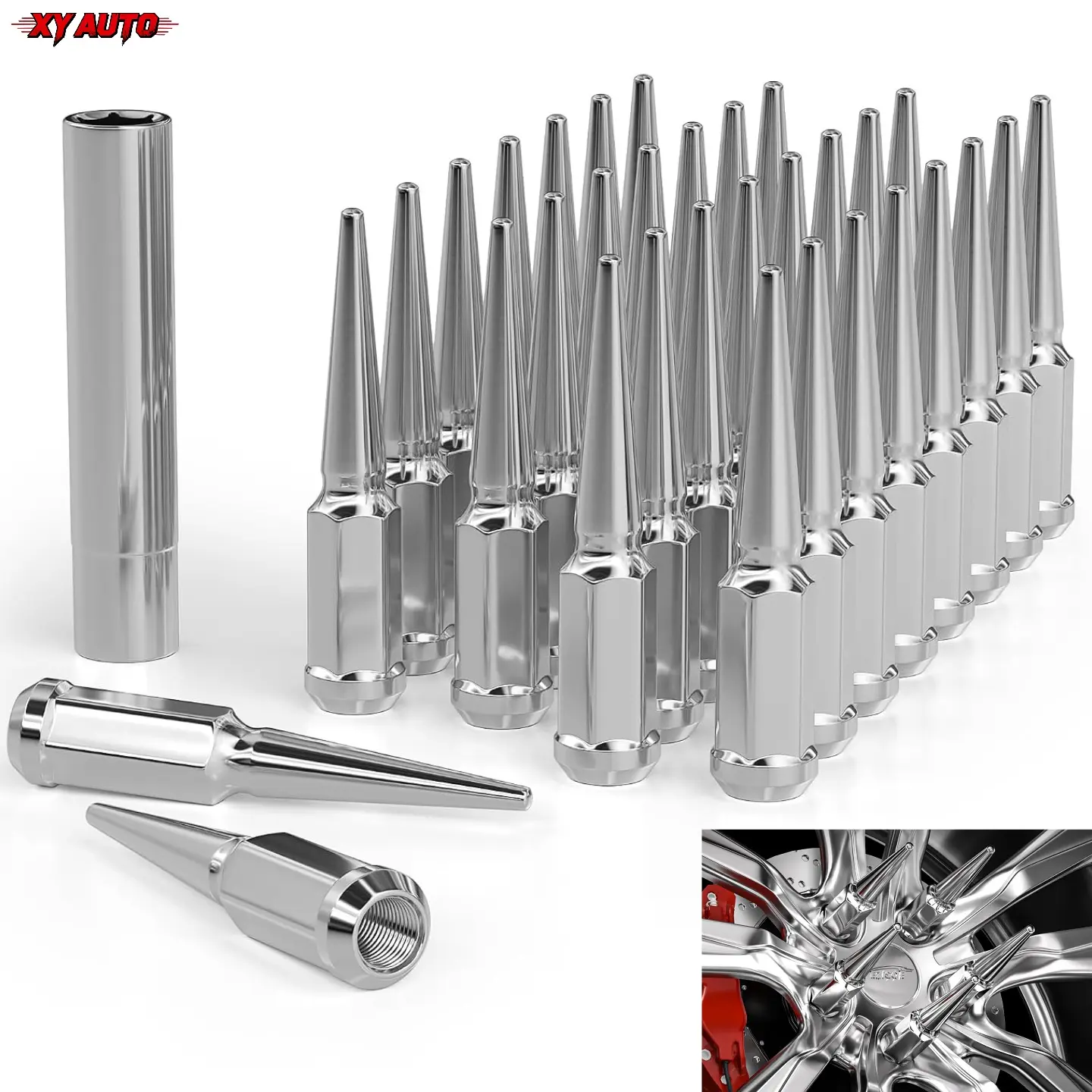 32PCS M14x1.5 Spike Style Lug Nuts, 4.4"Height, 3/4"(19mm) Hex, Includes Matching Socket Key, Forged Steel Construction, Anti-Rust & Dust Resistant, 60° Conical Seat, Compatible with Silverado, Sierra, Ram 2500 3500, Fits Aftermarket Wheels