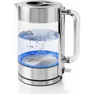Electric Kettle, 1.8L Tea Kettle Cordless with Borosilicate Glass Water Boiler, Stainless Steel Base, Acrylic Handle, 1500W Fast Boil Electric Kettle, Easy Fill Lid, Auto Shutoff, Silver KG911S