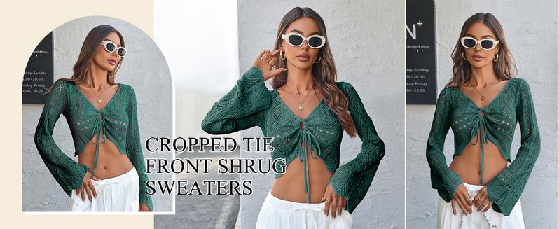 Saodimallsu Womens Crochet Crop Tops Tie Front Bell Long Sleeve Cardigan V Neck Lightweight Knit Shrug Sweaters