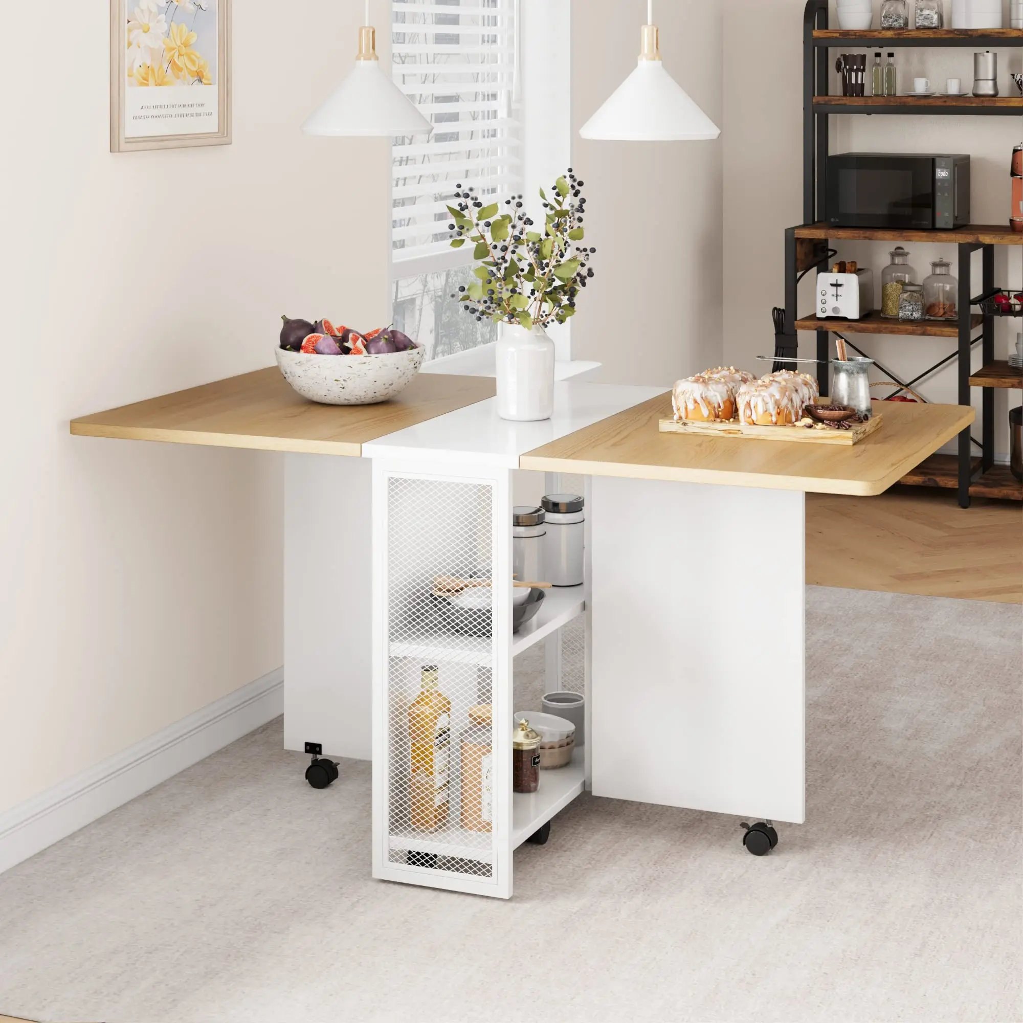 GARVEEMobile folding table, dining table with 2 shelves and wheels, extendable dining table for dining room, living room, kitchen, small spaces, wooden cabinet + white cabinet, 127 x 80 x 75 cm