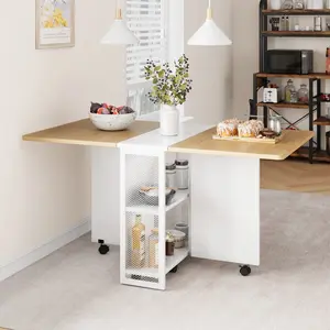 GARVEEMobile folding table, dining table with 2 shelves and wheels, extendable dining table for dining room, living room, kitchen, small spaces, wooden cabinet + white cabinet, 127 x 80 x 75 cm