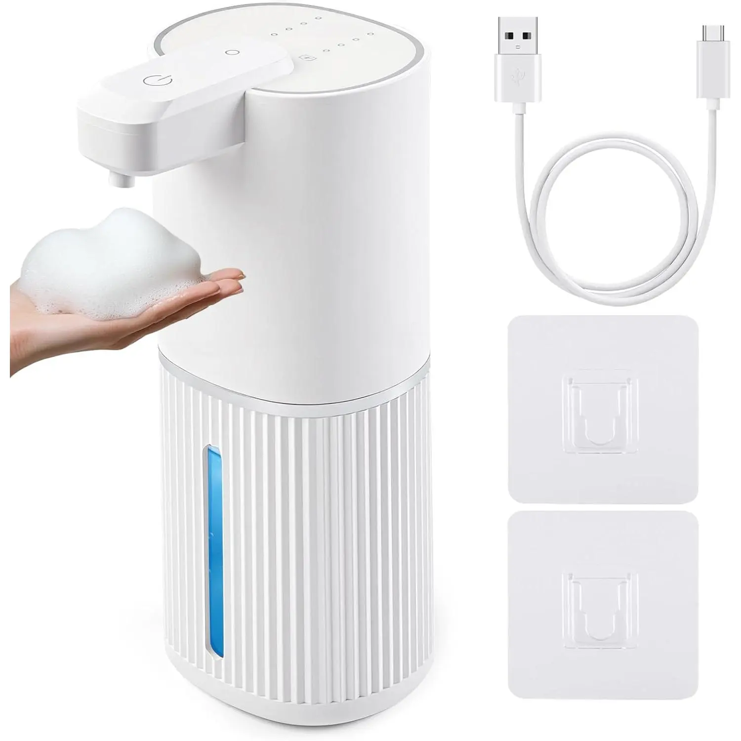 Automatic Soap Dispenser, Foaming Soap Dispenser Touchless with Continuous Dispensing, 4-Level Adjustable, Rechargeable Hand Soap Dispensers, Wall Mounted or Countertop for Bathroom & Kitchen