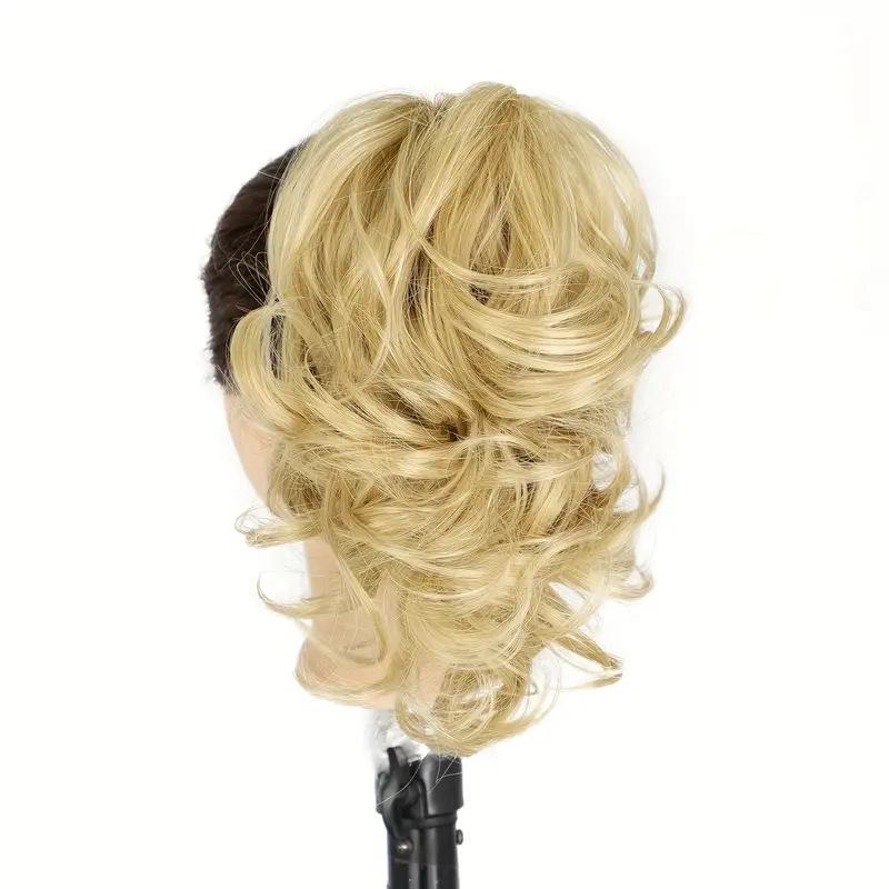 Short Clip On Messy Ponytail Hair Extension Waterfall Wave Voluminous Adjustable Big Curly for Women Blonde
