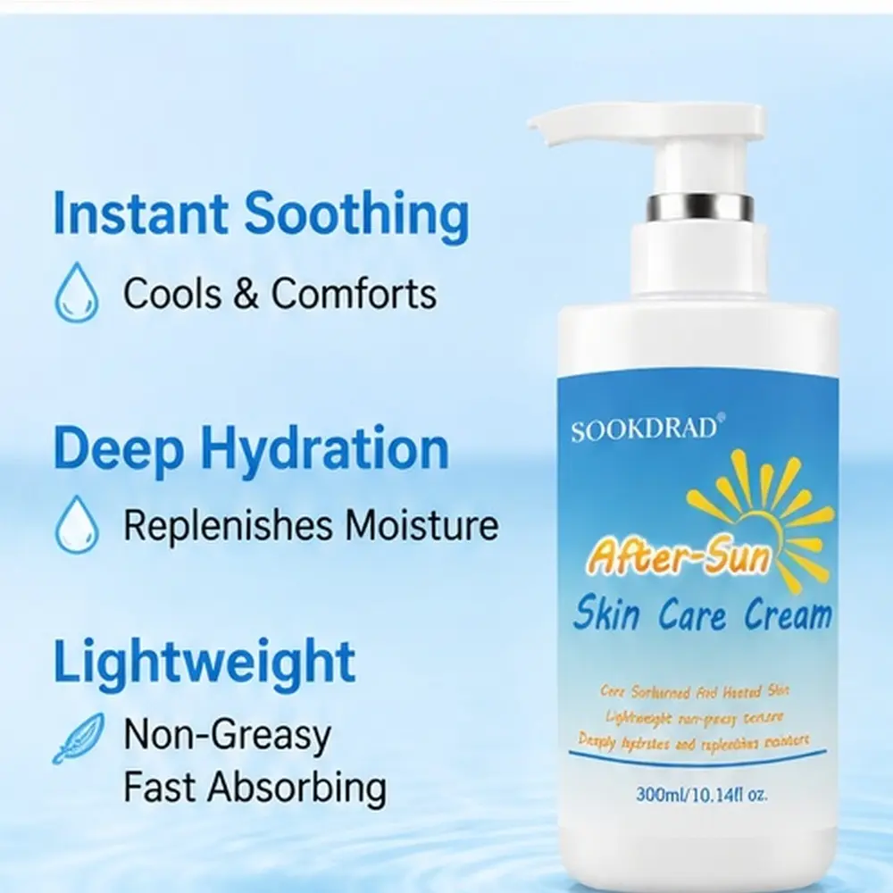 After-Sun Skin Care Cream, care sunburned and heated skin, lightweight non-greasy texture, deeply hydrates and replenishes moisture, 300ml/10.14fl oz