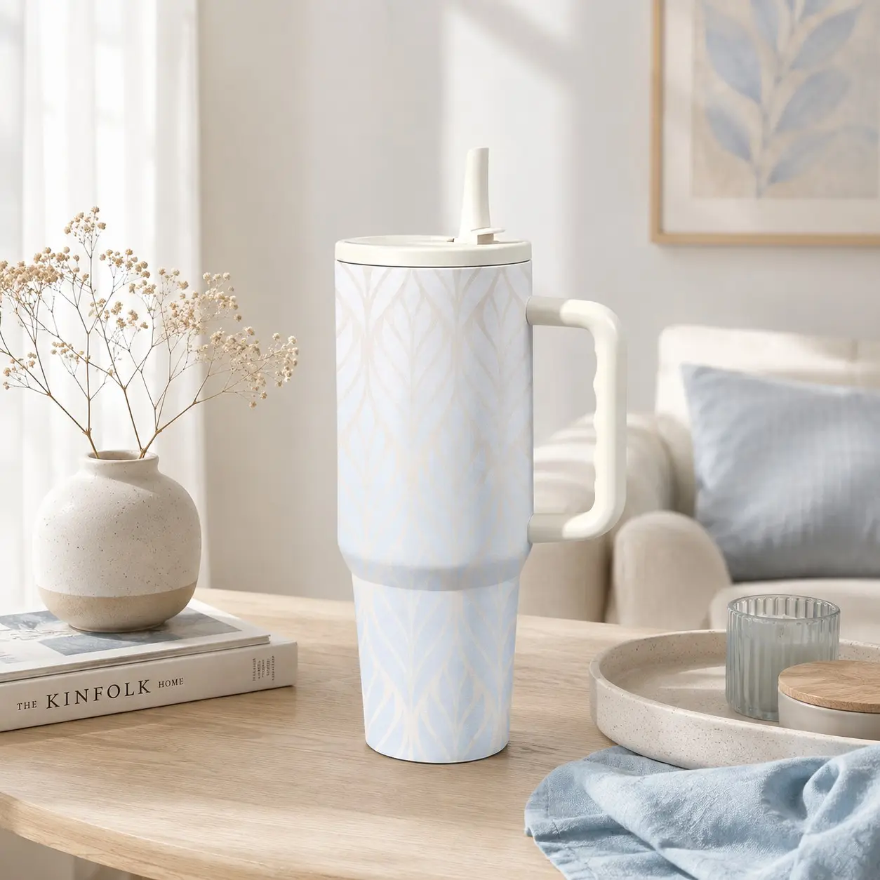 1pc 40 Oz Tumbler with Handle and Straw, Leakproof Insulated Water Bottle, Stainless Steel, Cup Holder Friendly, Boho Style, 40oz Mist Color