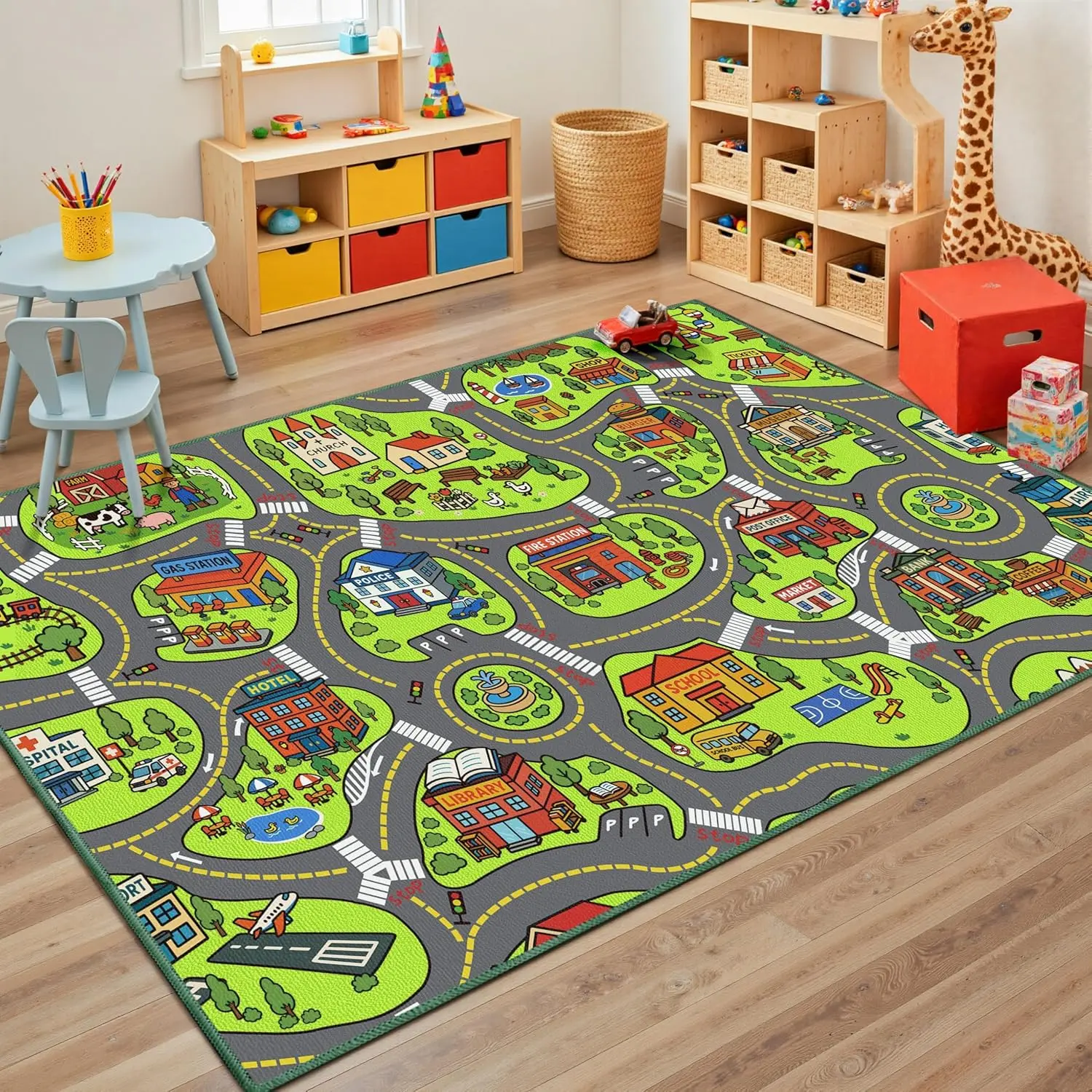 Non Slip Kids Car Rug, Road Playmat for Toy Cars, Educational Town City Map Washable Carpet, Safe Car Track Play Mat for Children Baby Toddler, 60"x36"fidget toys