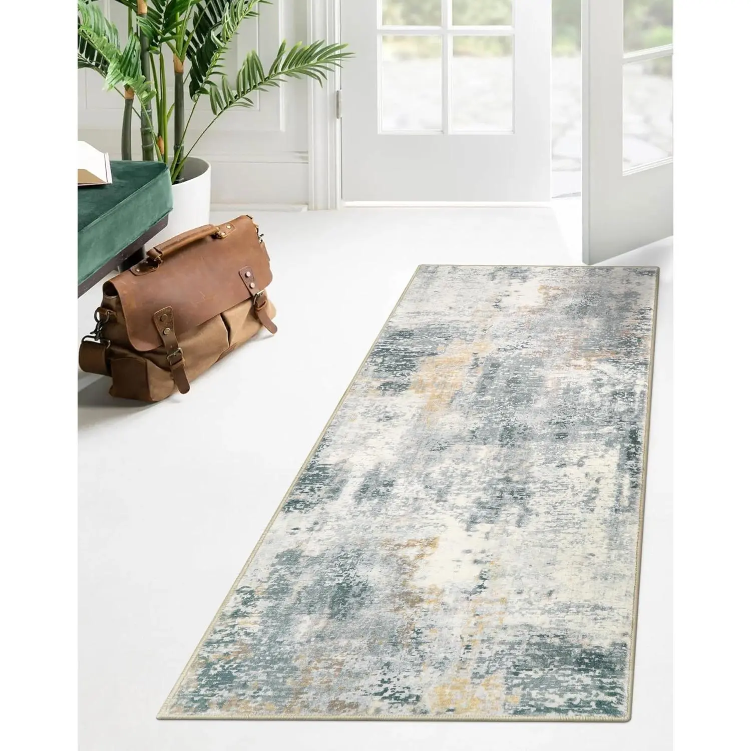 Abstract Washable Bathroom Runner Rug 2x5, Non Slip Kitchen Rug Runner Gray Modern Rugs Runners for Bedroom, Distressed Soft Carpet Runner for Hallway Entryway