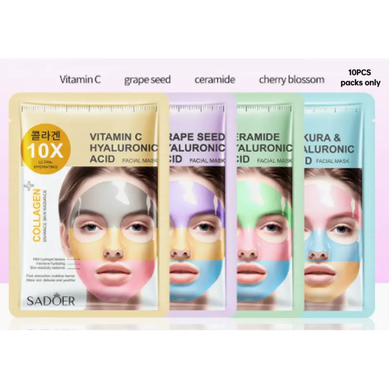 10PCS 3-Color Collagen Vit C & Hyaluronic Acid Mask - Anti-oxidant Hydrating Collagen Face Masks for All Skin Types