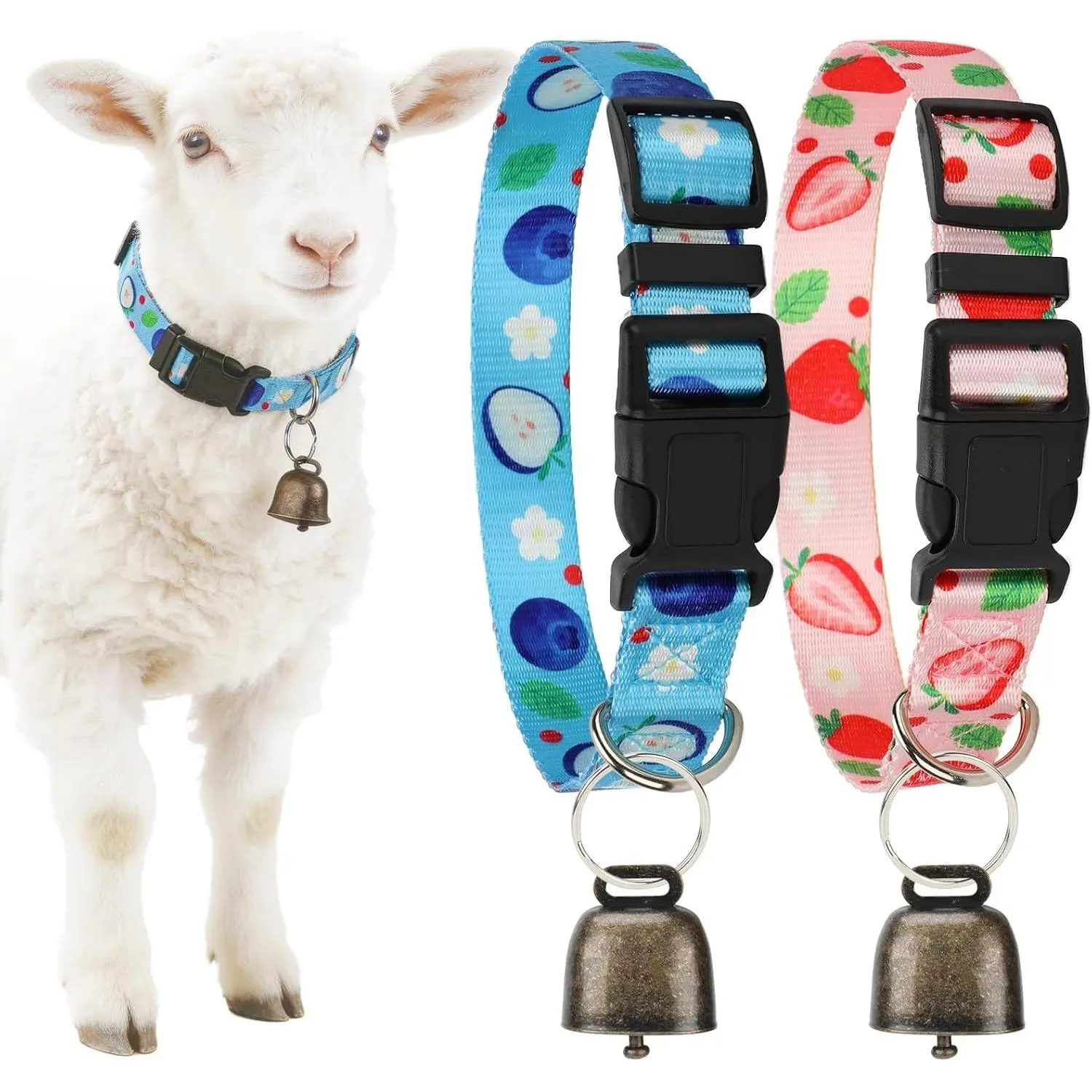 2 Pack Goat Collars with Bells Adjustable Nylon Collar Set Anti-Lost Loud Bronze Copper Bells for Farm Animal Sheep Goat Cow Accessories (Blueberry, Strawberry)