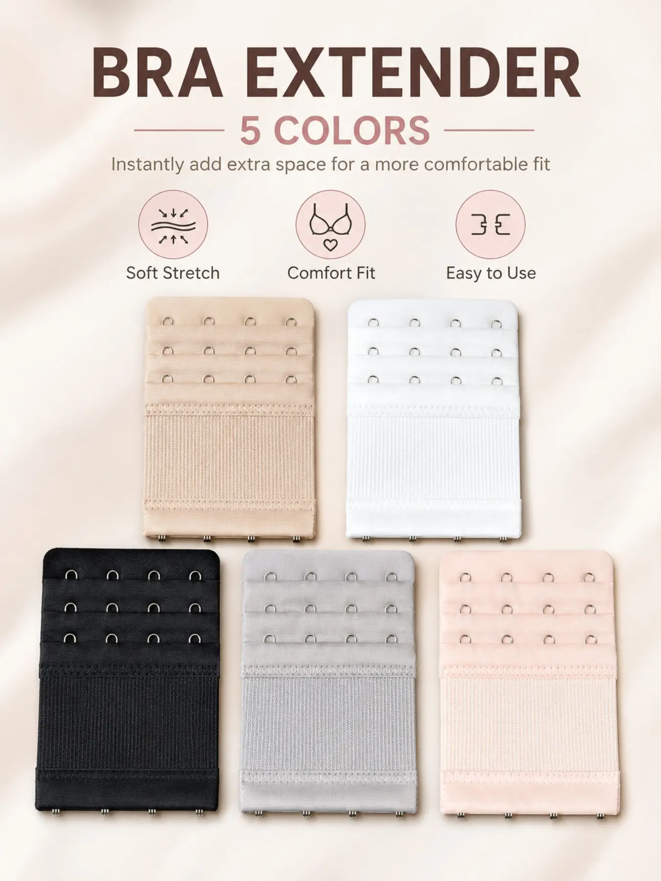 5pcs Bra Extender Hooks, Triple Row Back Buckle, Adjustable Elastic Comfortable Non-Chafing, Multiple Colors Available, Ideal for Bras Underwear, Bra Accessories