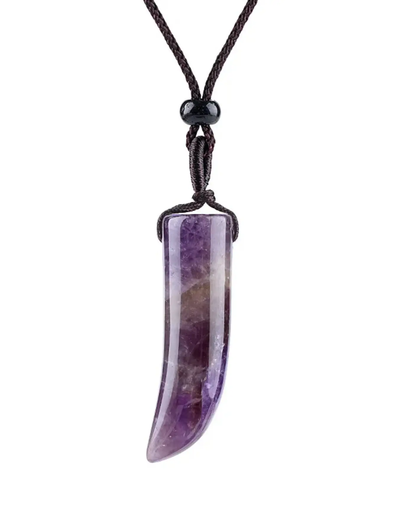 Natural Stone Bull Horn Necklace, Amethyst Necklace, Obsidian Pendant, Coffee Color Chain, Unisex Boho Jewelry, Gift, Vintage Style
