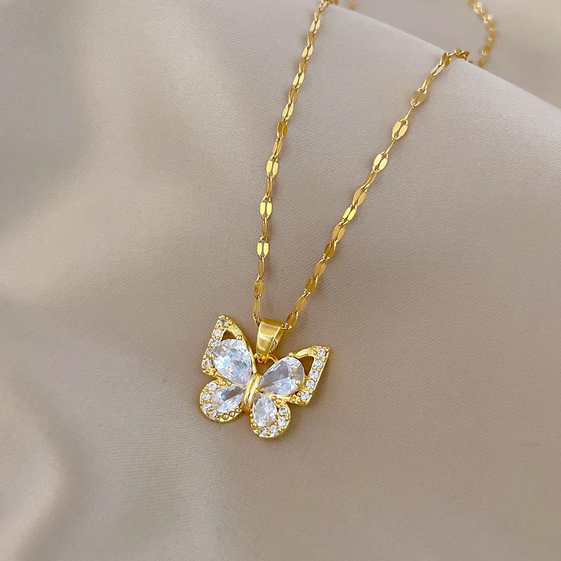 Zircon butterfly necklace earpin set, versatile, niche, light luxury, high-end and simple collarbone chain jewelry set
