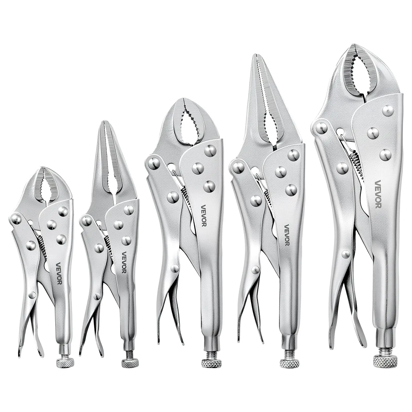 VEVOR 5-Piece Locking Pliers Set, Nickel-Plated Carbon Steel Hand Tools with Ergonomic Non-Slip Handles, 5/7/10-Inch Curved Jaw & 6.5/9-Inch Long Nose, Adjustable Jaw Opening for Mechanics, DIY Users & Metal Surfaces