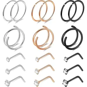 22G 18 count G23 Titanium Nose Rings Hoops for   Double Nose Rings L Shaped Nose Studs  Nose Piercings