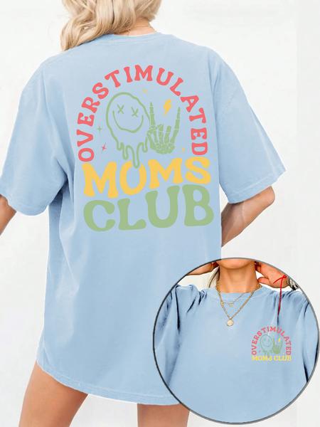Women's Overstimulated Moms Club Round Neck Graphic Tee, Vintage Trendy Casual Short Sleeve T-shirt for Daily Wear, Ladies Summer Outfit, Top