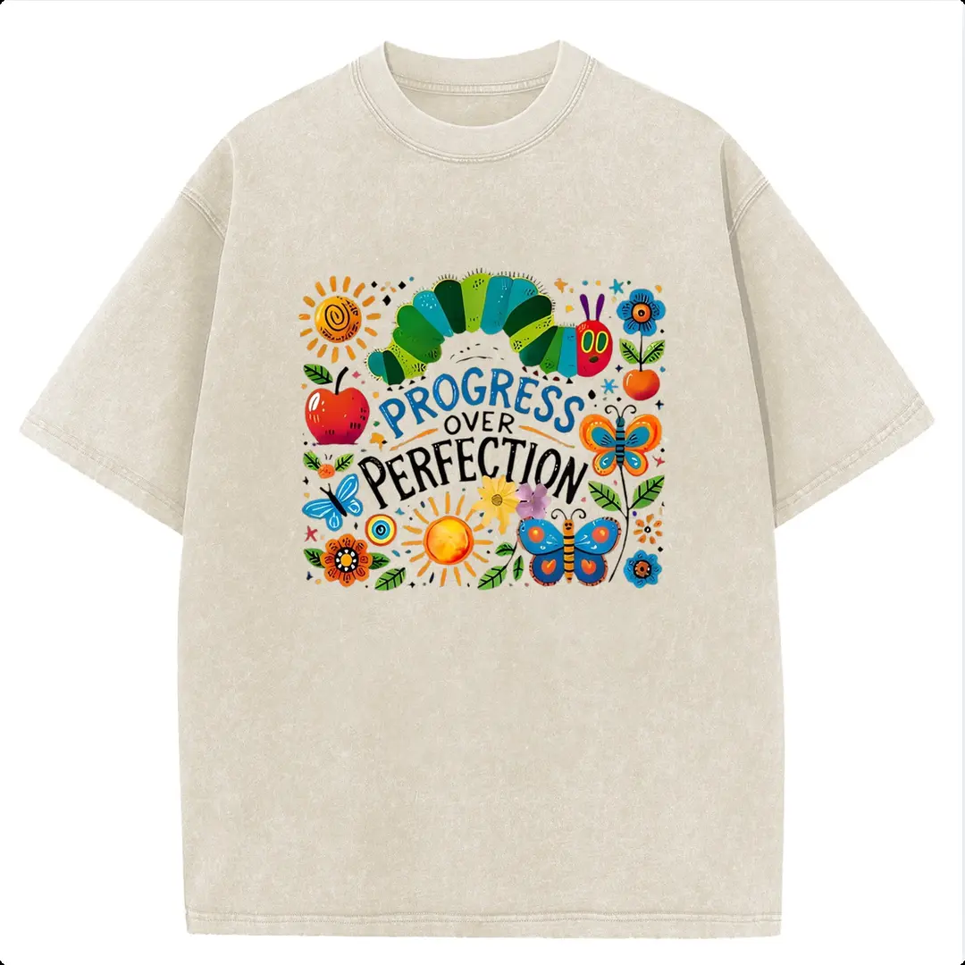 Unisex Retro Caterpillar Graphic T-Shirt, Oversized Acid Wash Casual Streetwear Top with Round Neck