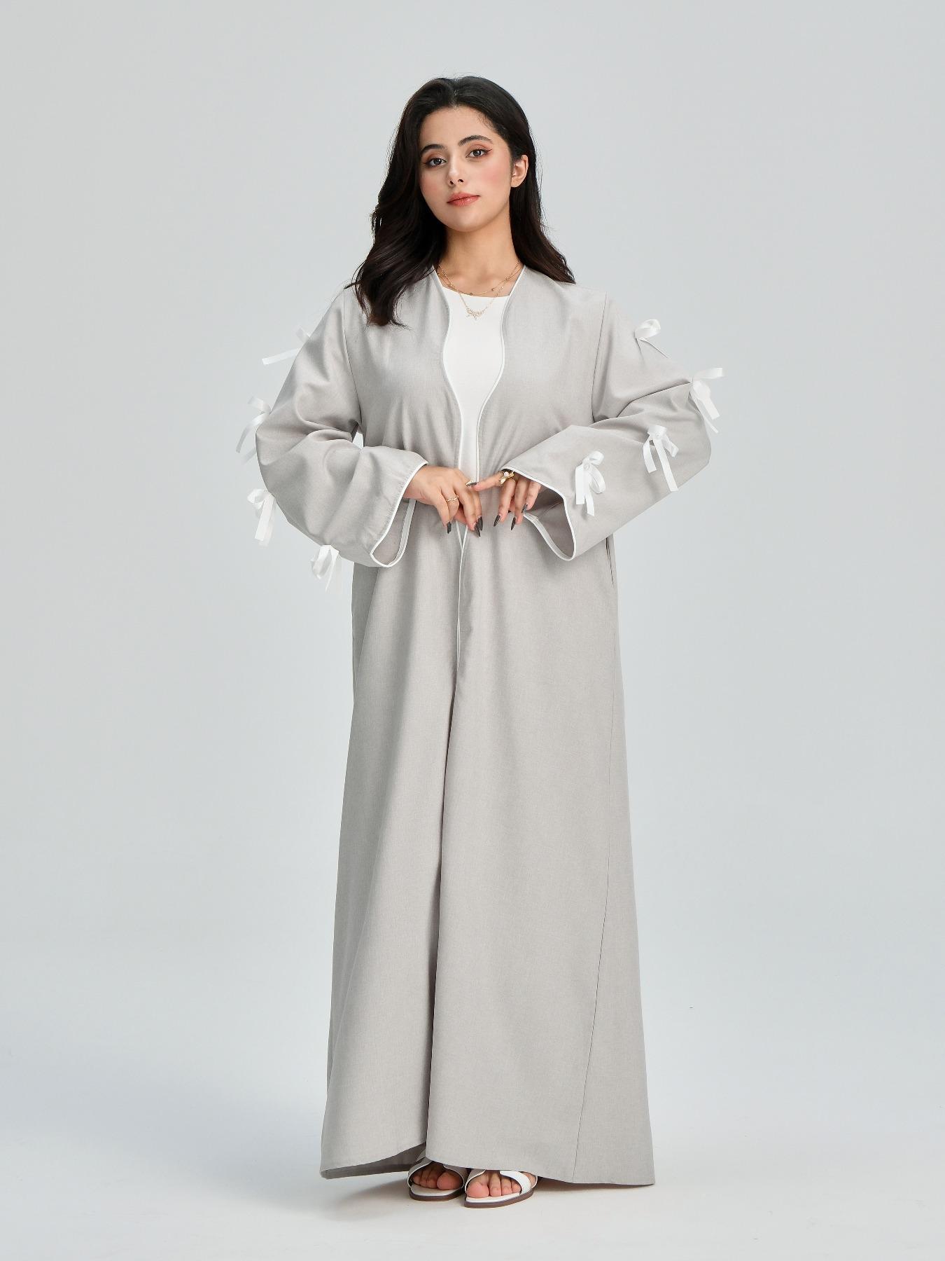 Women's Solid Color Bow Decor Wave Trim Open Front Cardigan, Casual Long Sleeve Womenswear Outerwear for Daily Wear, Ladies Clothes for All Seasons