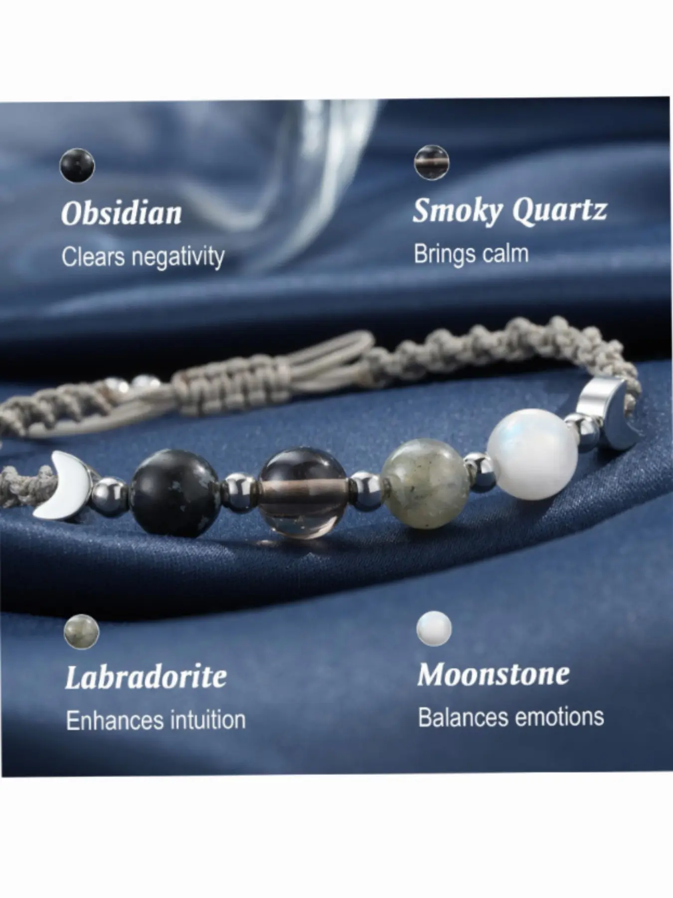 Witch Style Natural Crystal Energy Bracelet, Moonstone, Obsidian, Smoky Quartz, Labradorite, Gradient Beads, Soft Cord, Emotional Balance Jewelry, Healing Crystal Jewelry