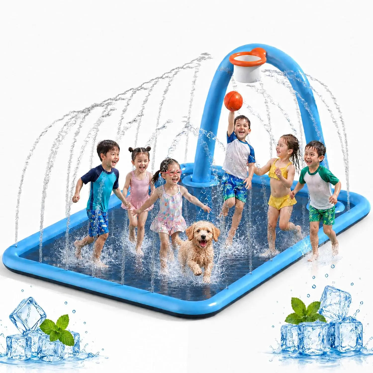 110" Large Extra-Thick Non-Slip Sprinkler Water Play Mat with Basketball Hoop - Outdoor Inflatable Splash Pool Toy for Kids & Dogs Ages 4-8, Backyard Water Fun