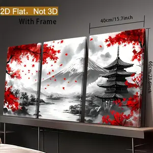 2D flat, 2D flat framed canvas, 3-piece Japanese-style canvas painting, vintage Japanese landscape canvas with frame, featuring mountains, trees, buildings, and water features, perfect for decorating the living room, study, or bedroom, a durable home deco