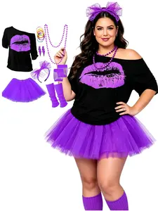 1980s Retro Drop Shoulder T-Shirt Party Prom Performance Set Tutu Skirt Wristbands Necklace Bracelet Earrings Ankle Covers