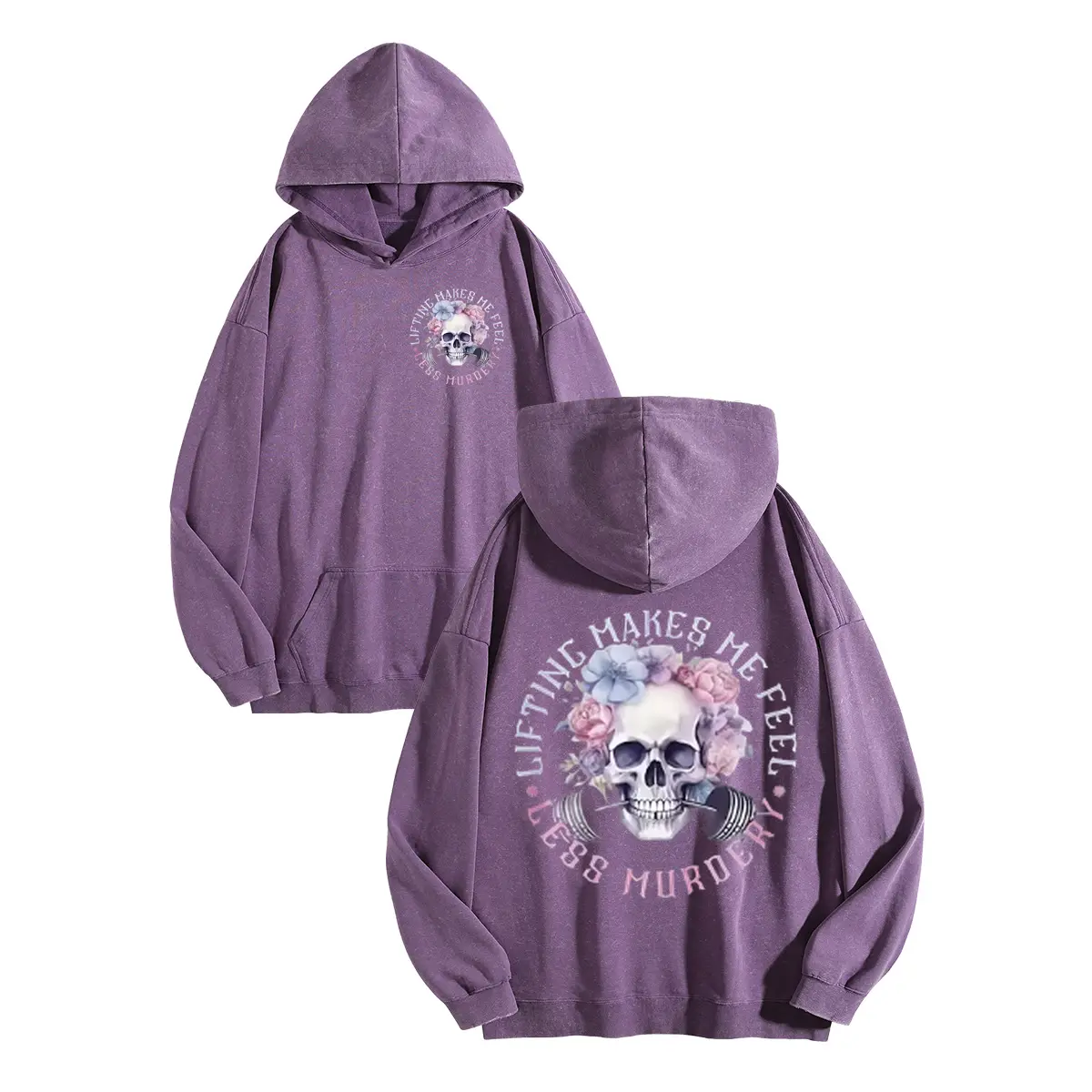 Wayii Vintage Washed Purple Hoodie, Lifting Makes Me Feel Less Murdery Floral Skull Barbell Graphic Double Sided Print Oversized Pullover Sweatshirt, Women Cute Dark Fitness Y2K Streetwear