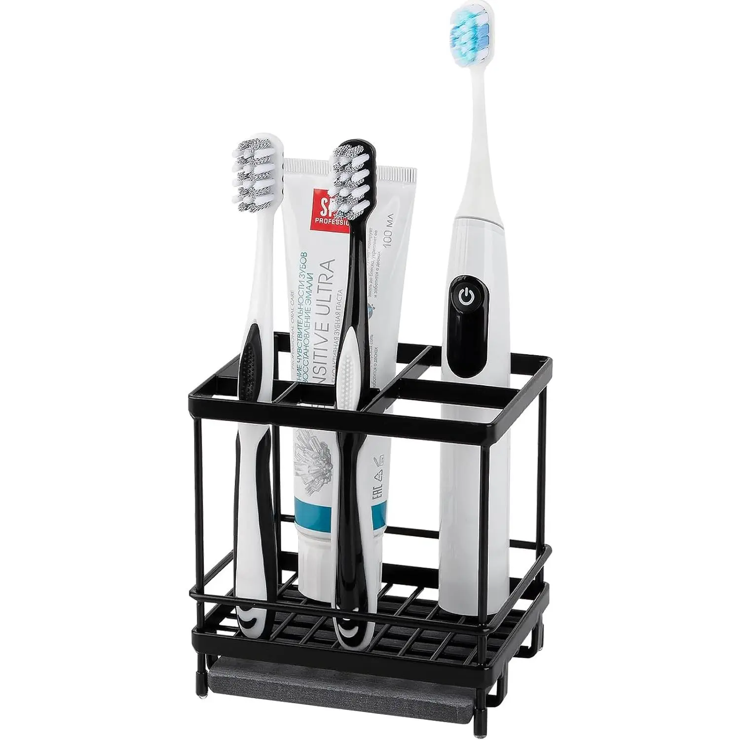 Modern Black Carbon Steel Toothbrush Holder - Metal Brush Storage Organizer with 5 Slots, Removable Diatomite Drip Tray for Bathroom Countertop, Shower, Removable Tray