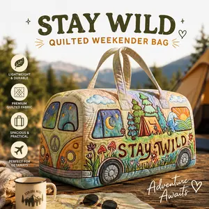 Unisex Boho Quilted Weekender Duffel Bag, STAY WILD Retro Camper Travel Duffle, Lightweight Hippie Mushroom Camping Tote Bag for Road Trip Holiday