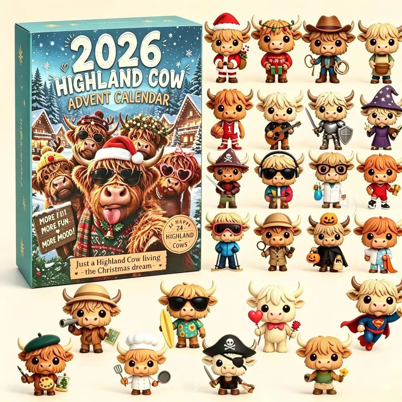 24-Grid Highland Cow Christmas Advent Calendar, Mini Cow Figurine Blind Box Gift Set, Desktop Decor, Christmas Surprise Present