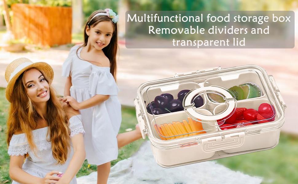 Small Snackle Box Container with Lid, 4 Compartment Travel Snack Container with Handle, Divided Serving Tray with Lid, Portable Snack Box for Candy, Fruits, Nuts, Snacks, Veggies