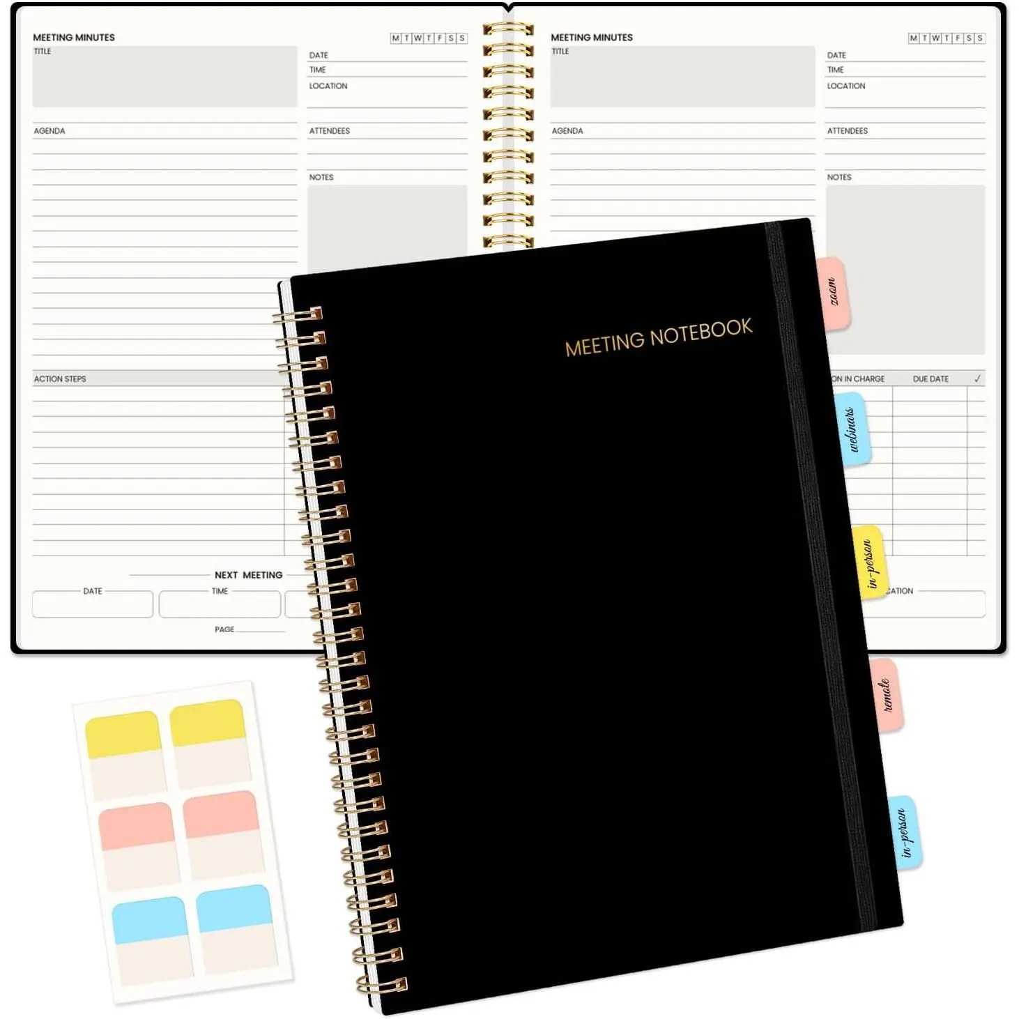 Meeting Notebook for Work with Sticky Tabs - 160 Pages, B5 Size Project Planner, Spiral Meeting Agenda/Minutes Notebook Organizer for Women Men, Note Taking, Office & Business, 7"x10", Black