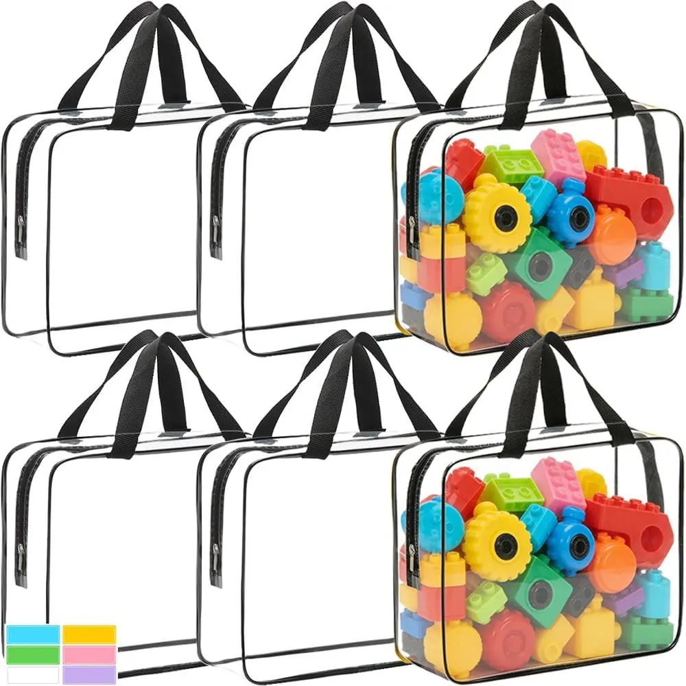 6 Packs Extra Large Toy Storage Bags with Zipper, Clear PVC Organizer with Labels, 11.8x8.6x3.9 Inches, Waterproof Travel Bags for Blocks Puzzles