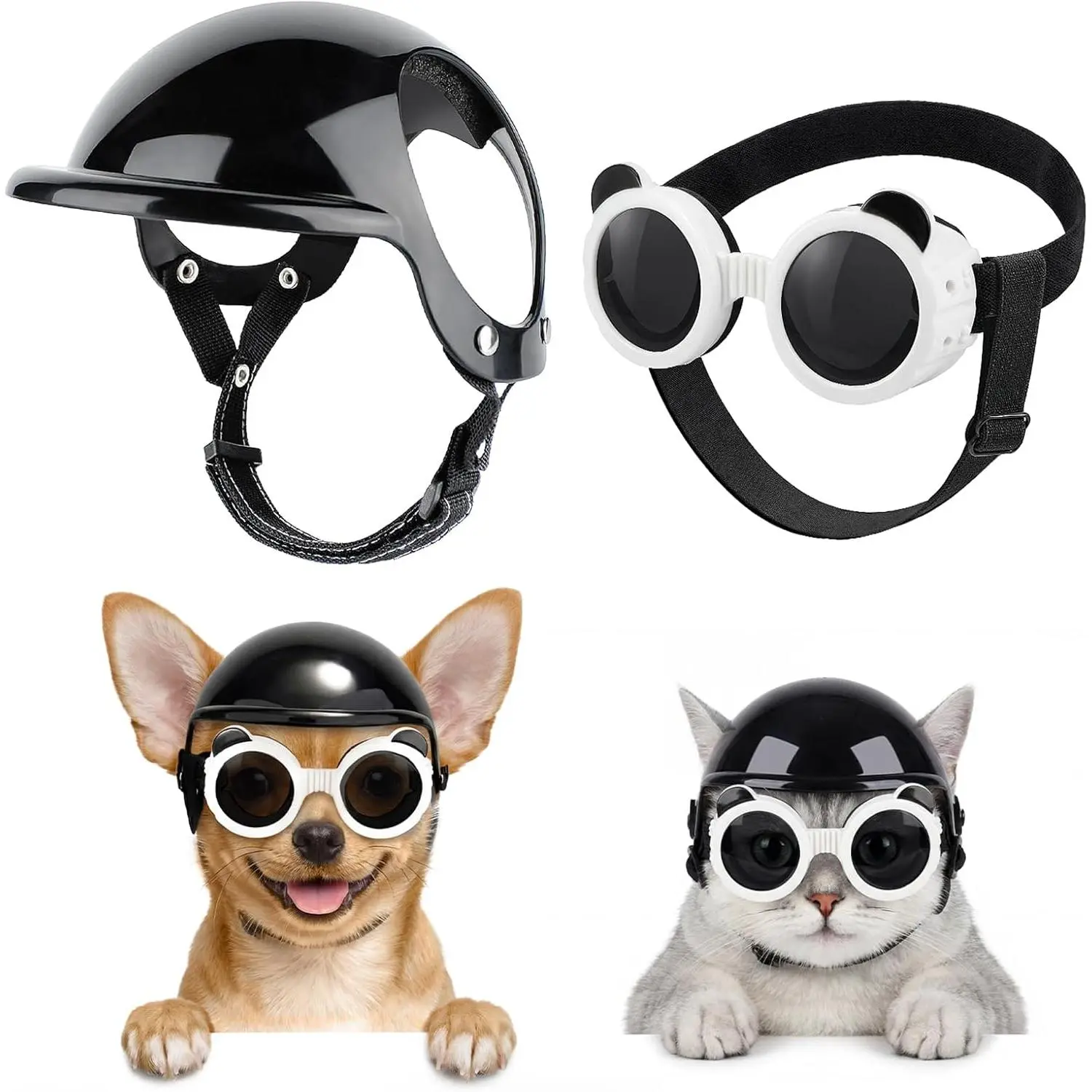 Dog Helmet and Goggles - UV Protection Doggy Sunglasses Pet Motorcycle Helmet Hat with Ear Holes Adjustable Belt Safety Hat for Small Medium Large Dogs Puppy (Black, XS), S, Abs