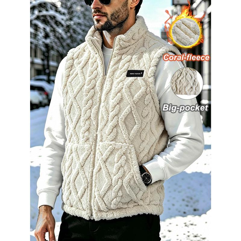Men's Winter Thick Plush Stand‑Collar Zip‑Up Vest, Warm Sleeveless Jacket Outerwear, Versatile for Daily Casual Wear and Outdoor Activities, Great Christmas Gift Choice