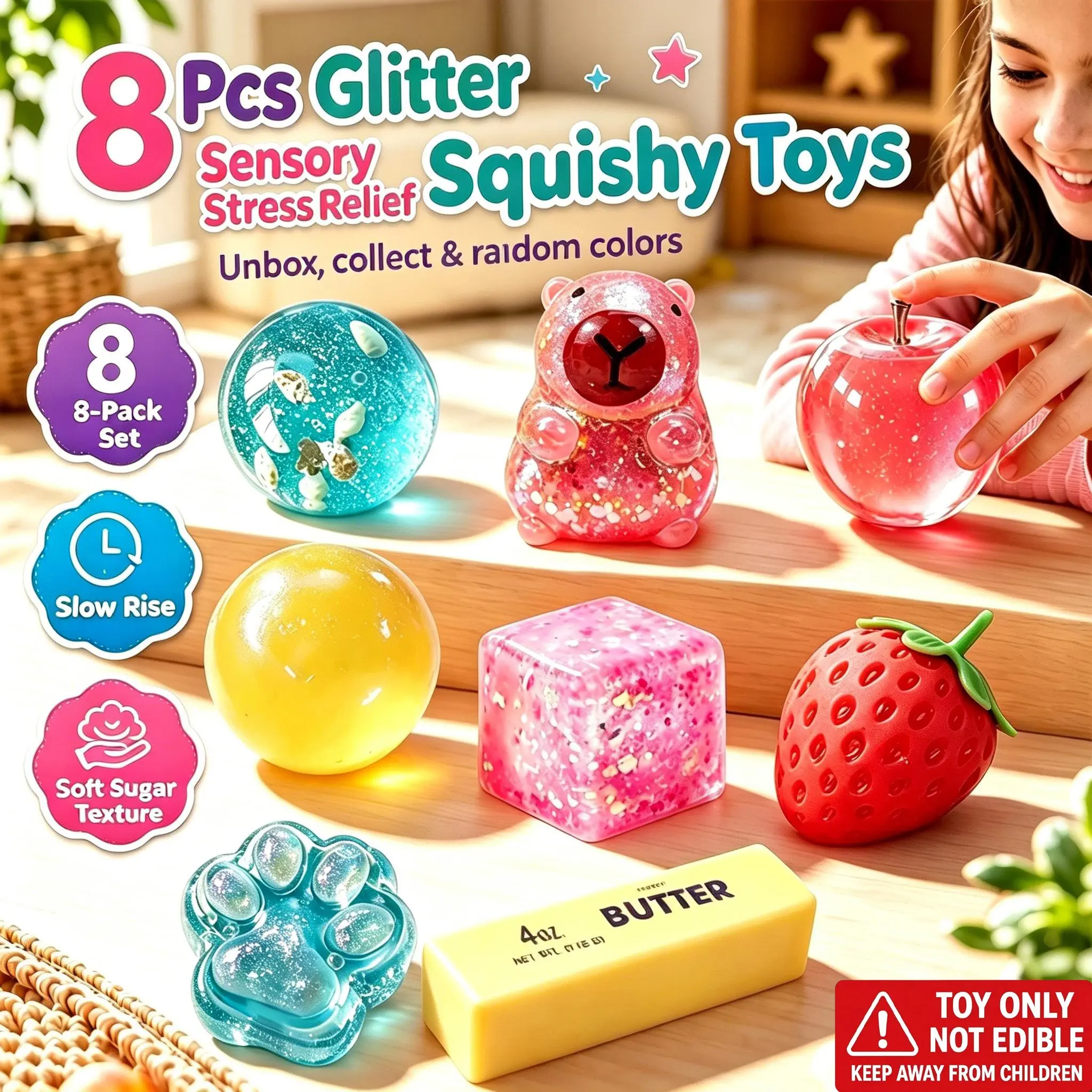 8 Pcs Glitter Sensory Stress Relief Squishy Toys, Squishy Pack, Soft Squeeze Stress Balls for Kids & Adults, Anxiety Relief Fidget Toys, Perfect for Classroom Prizes, Team Party Favors, Easter Basket Fillers(Random Colors)